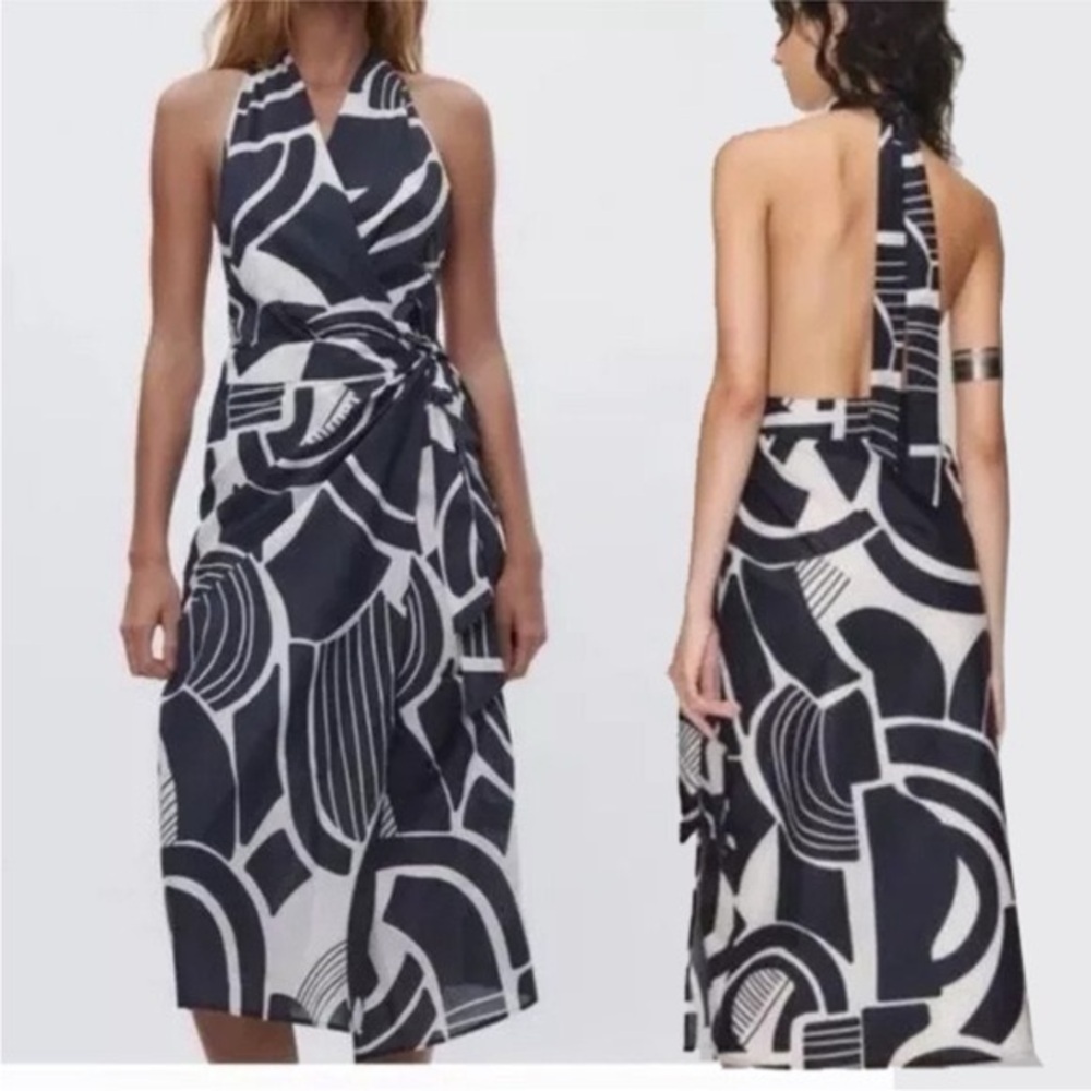 Zara Nicole Black White Printed Halter Wrap Midi Dress Size M Cotton abstract